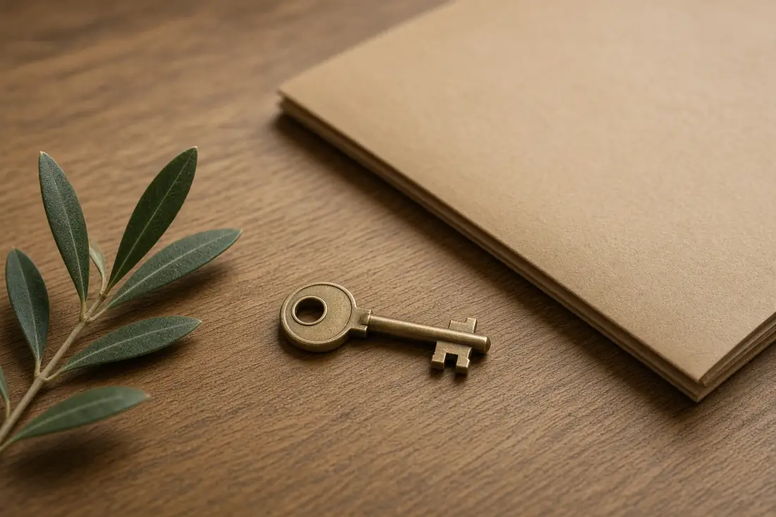 A house key and a folder on an oak desk