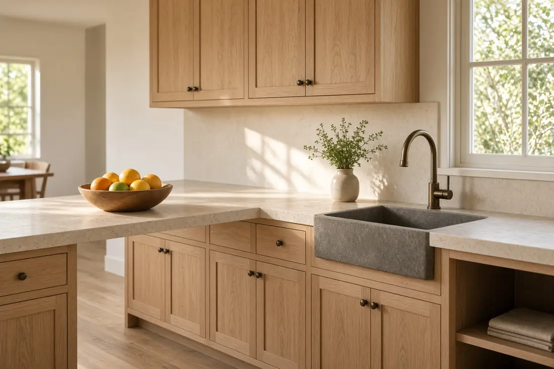 A bright rental kitchen with oak cabinets and a limestone counter